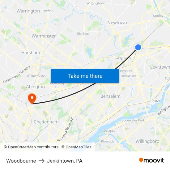 Woodbourne to Jenkintown, PA map
