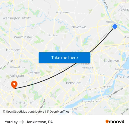 Yardley to Jenkintown, PA map