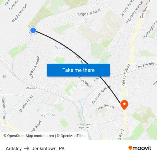 Ardsley to Jenkintown, PA map