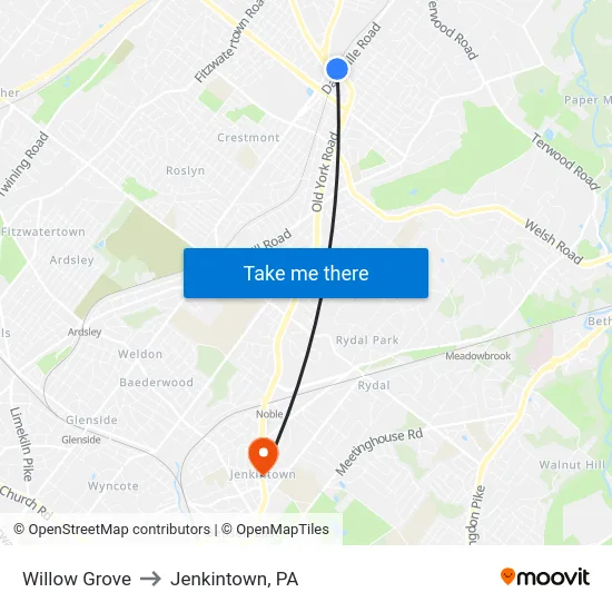 Willow Grove to Jenkintown, PA map