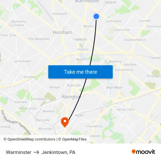 Warminster to Jenkintown, PA map