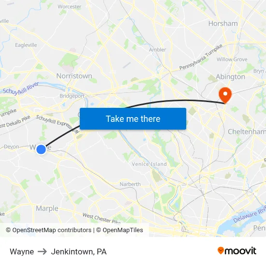 Wayne to Jenkintown, PA map