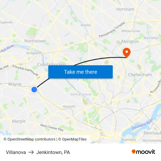 Villanova to Jenkintown, PA map