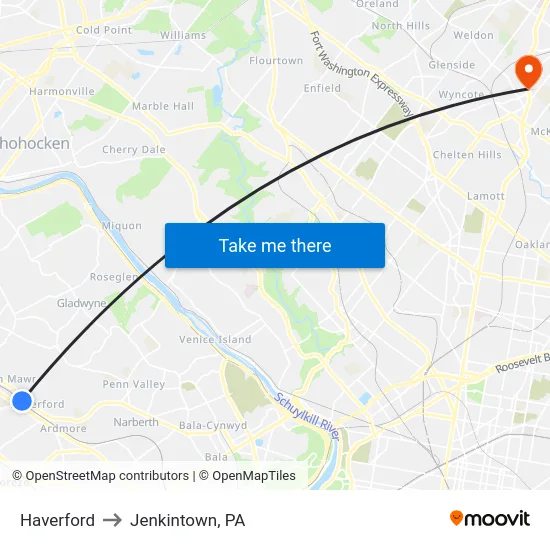 Haverford to Jenkintown, PA map