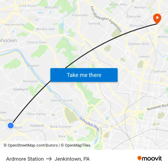 Ardmore Station to Jenkintown, PA map