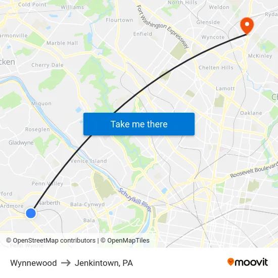 Wynnewood to Jenkintown, PA map