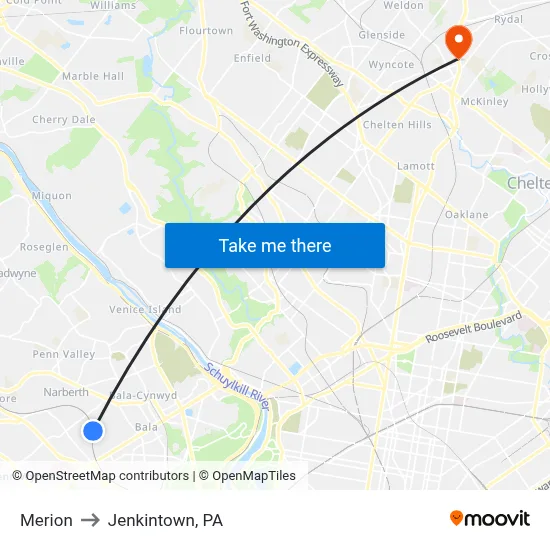 Merion to Jenkintown, PA map