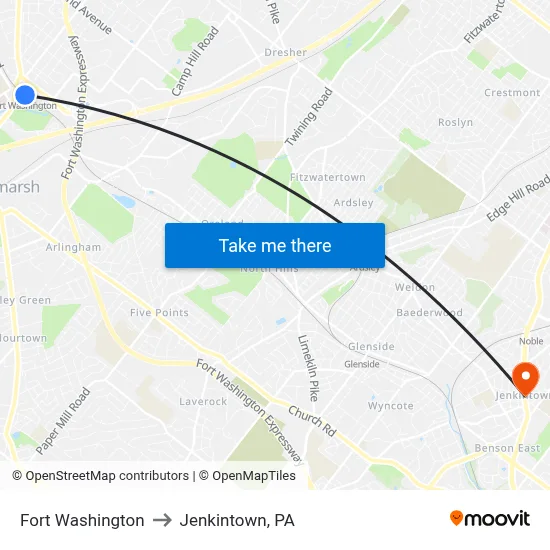 Fort Washington to Jenkintown, PA map
