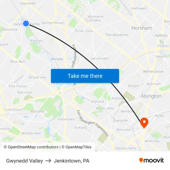 Gwynedd Valley to Jenkintown, PA map