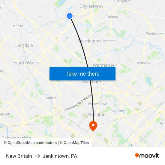 New Britain to Jenkintown, PA map