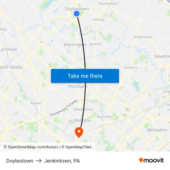 Doylestown to Jenkintown, PA map