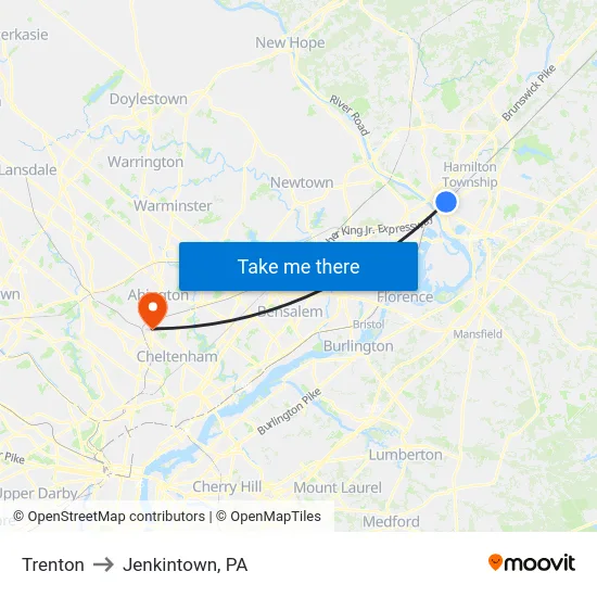 Trenton to Jenkintown, PA map
