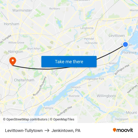Levittown-Tullytown to Jenkintown, PA map