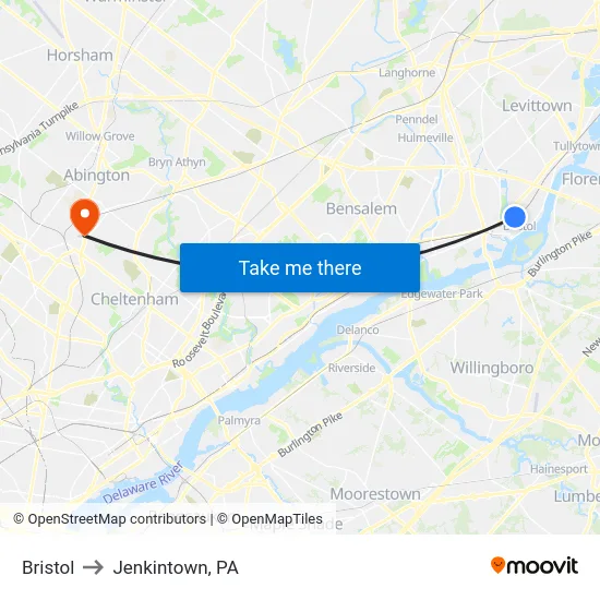 Bristol to Jenkintown, PA map