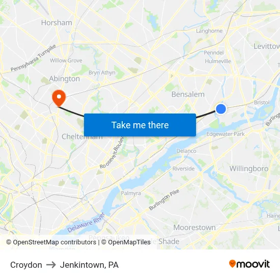Croydon to Jenkintown, PA map
