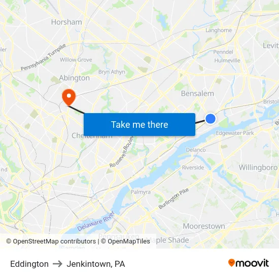 Eddington to Jenkintown, PA map