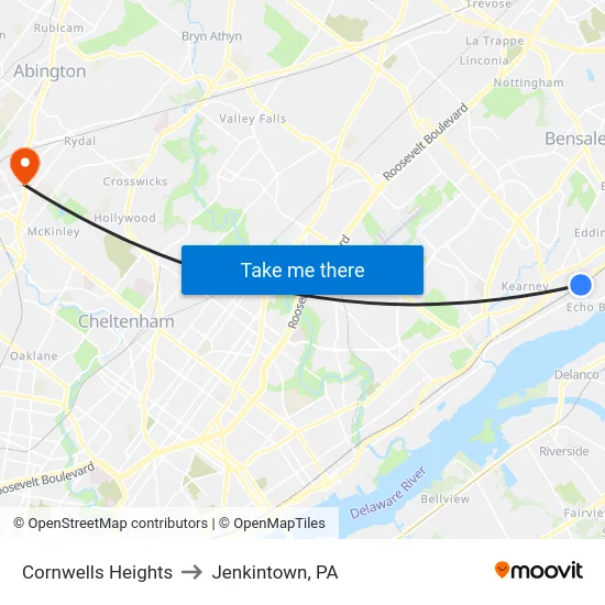 Cornwells Heights to Jenkintown, PA map