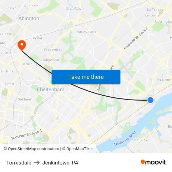 Torresdale to Jenkintown, PA map