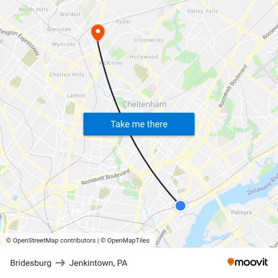 Bridesburg to Jenkintown, PA map
