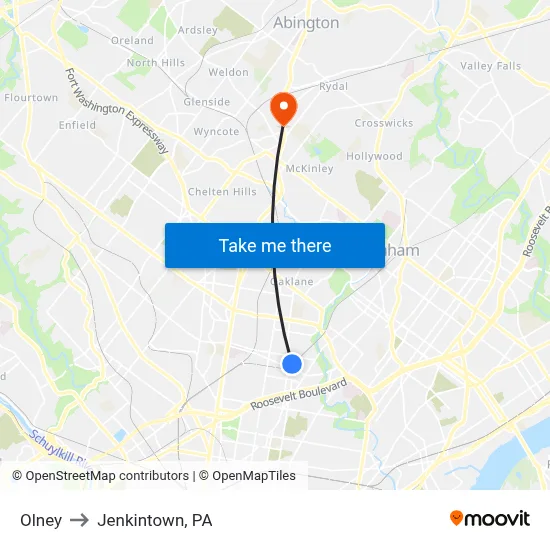Olney to Jenkintown, PA map