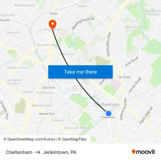 Cheltenham to Jenkintown, PA map