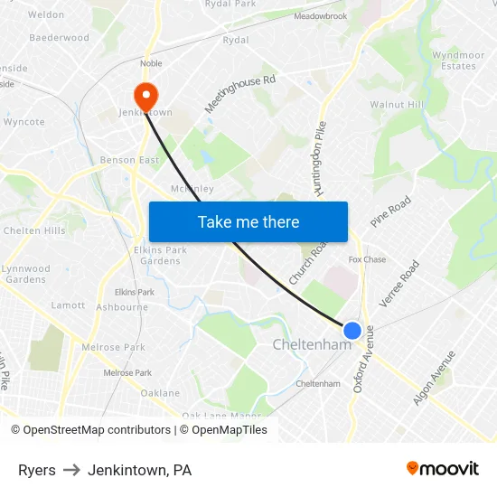 Ryers to Jenkintown, PA map