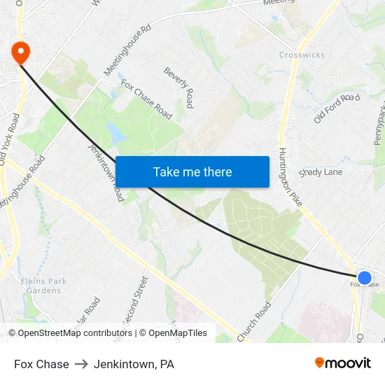 Fox Chase to Jenkintown, PA map
