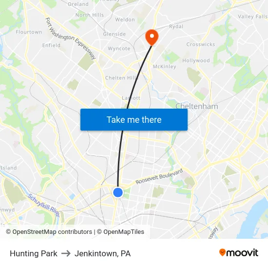 Hunting Park to Jenkintown, PA map