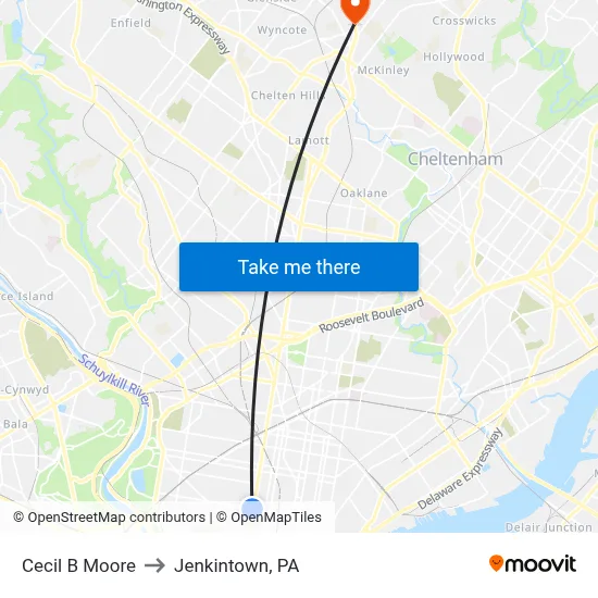 Cecil B Moore to Jenkintown, PA map