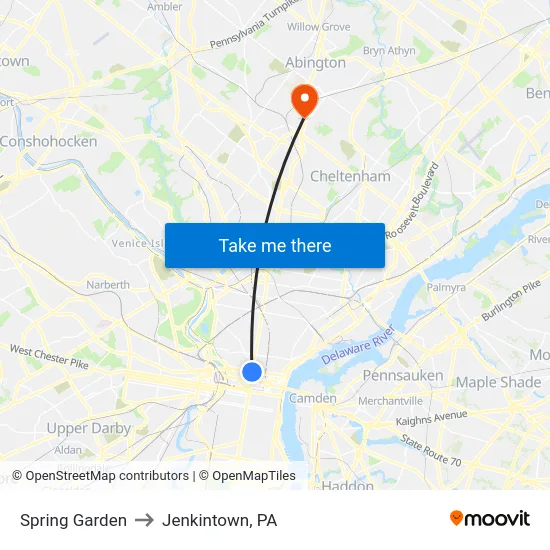Spring Garden to Jenkintown, PA map