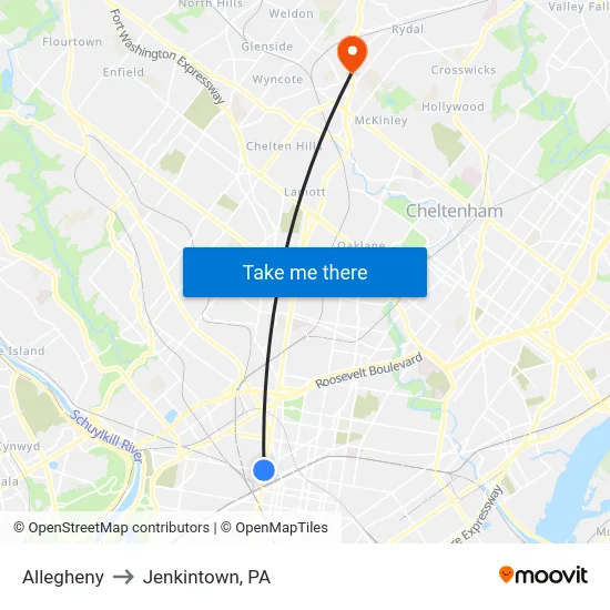 Allegheny to Jenkintown, PA map