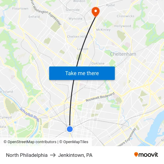 North Philadelphia to Jenkintown, PA map