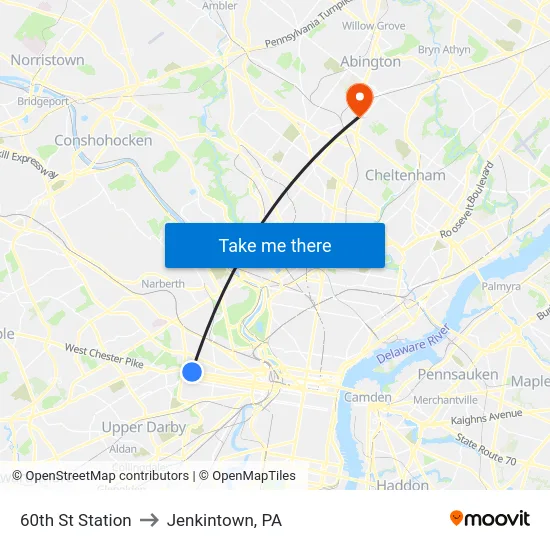 60th St Station to Jenkintown, PA map