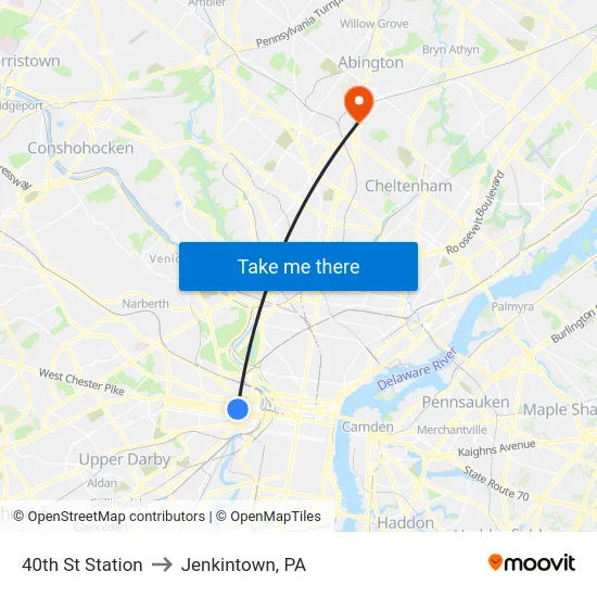 40th St Station to Jenkintown, PA map