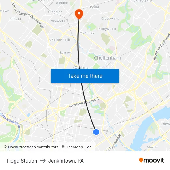 Tioga Station to Jenkintown, PA map