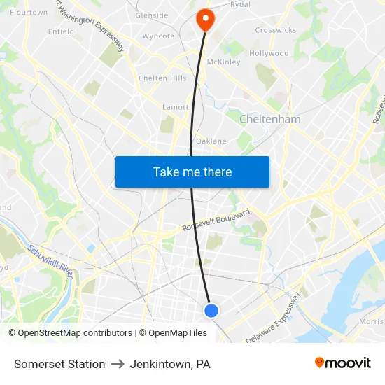 Somerset Station to Jenkintown, PA map