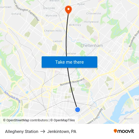 Allegheny Station to Jenkintown, PA map