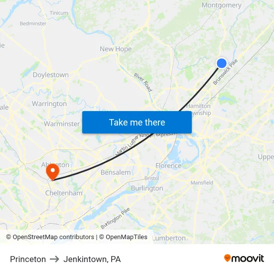 Princeton to Jenkintown, PA map