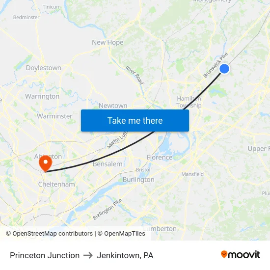 Princeton Junction to Jenkintown, PA map