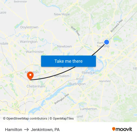 Hamilton to Jenkintown, PA map