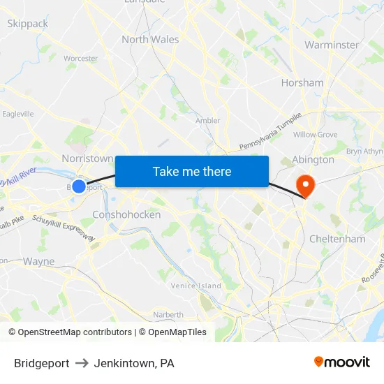 Bridgeport to Jenkintown, PA map
