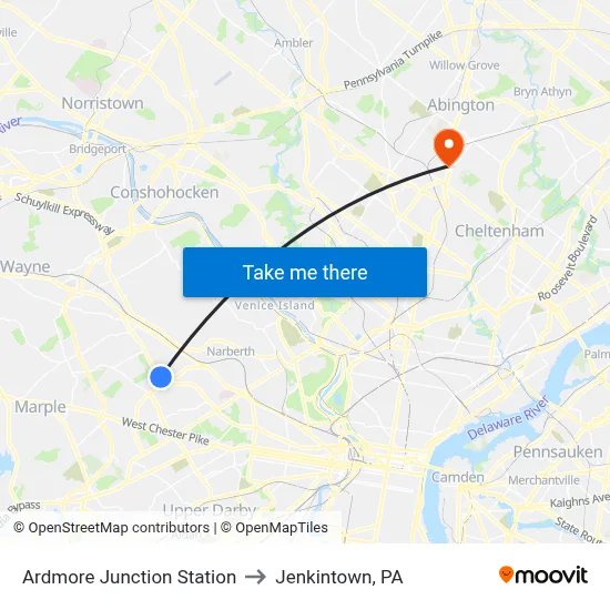 Ardmore Junction Station to Jenkintown, PA map