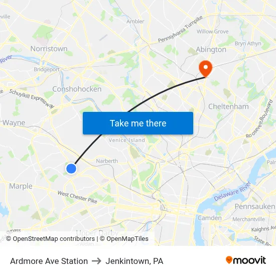 Ardmore Ave Station to Jenkintown, PA map