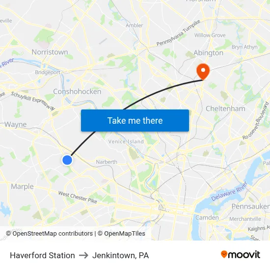 Haverford Station to Jenkintown, PA map