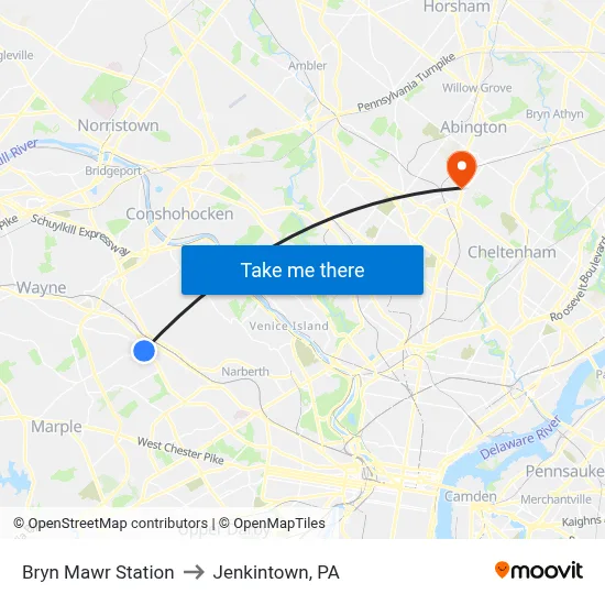 Bryn Mawr Station to Jenkintown, PA map