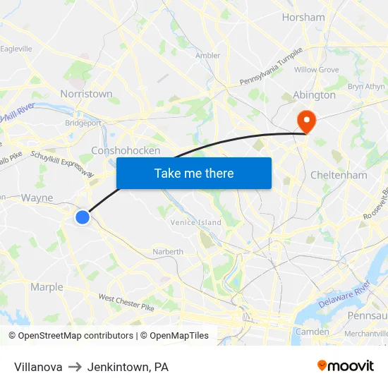 Villanova to Jenkintown, PA map