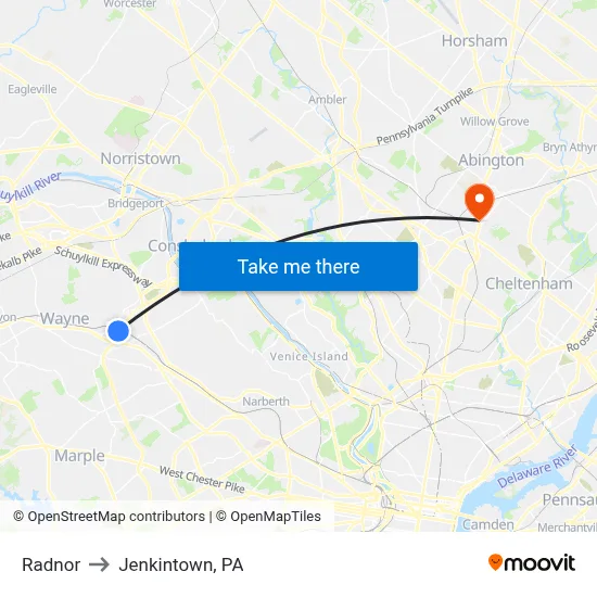 Radnor to Jenkintown, PA map