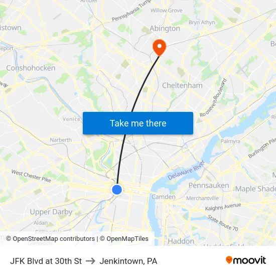 JFK Blvd at 30th St to Jenkintown, PA map