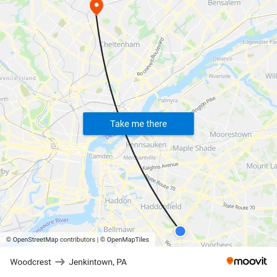 Woodcrest to Jenkintown, PA map