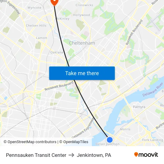 Pennsauken Transit Center to Jenkintown, PA map